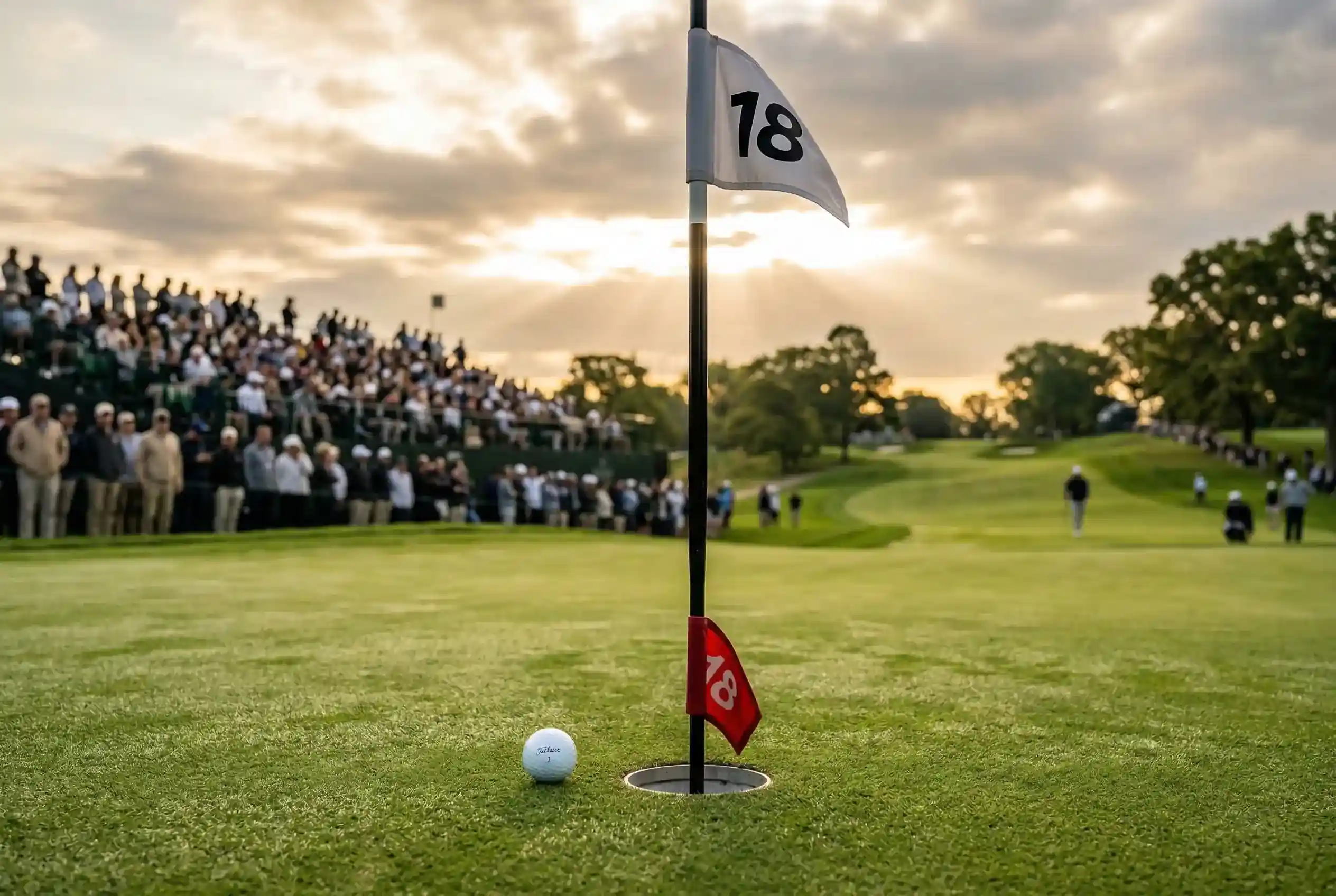 Campo de golf durante un torneo profesional con vista del green y la tribuna